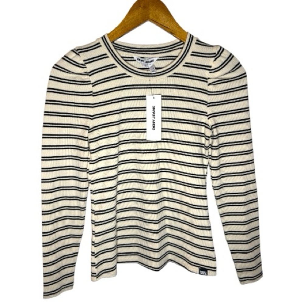 DKNY Cream and Black Striped Long Sleeve Top